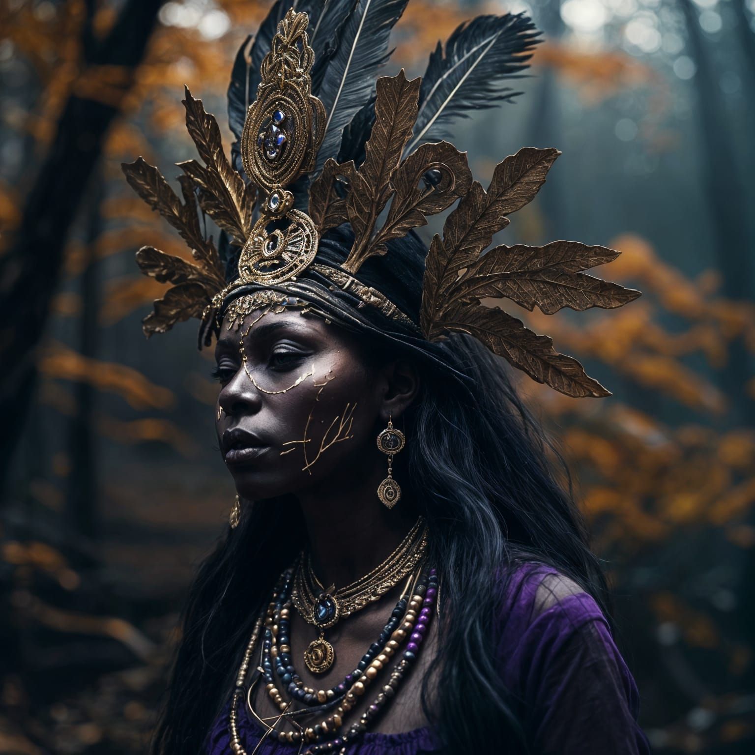 Matte Black Voodoo Queen Portrait in Noir Style