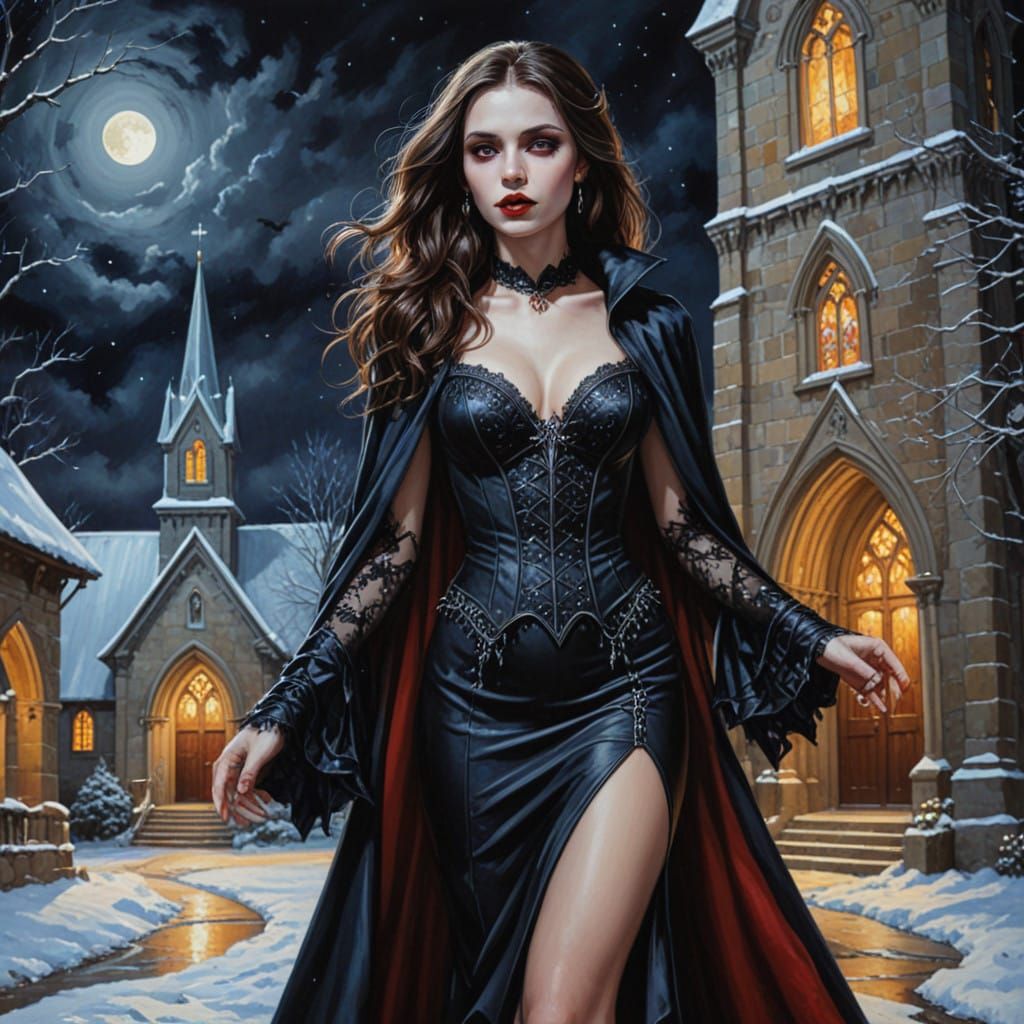 Ethereal Vampire Sorceress Under Winter Night Sky