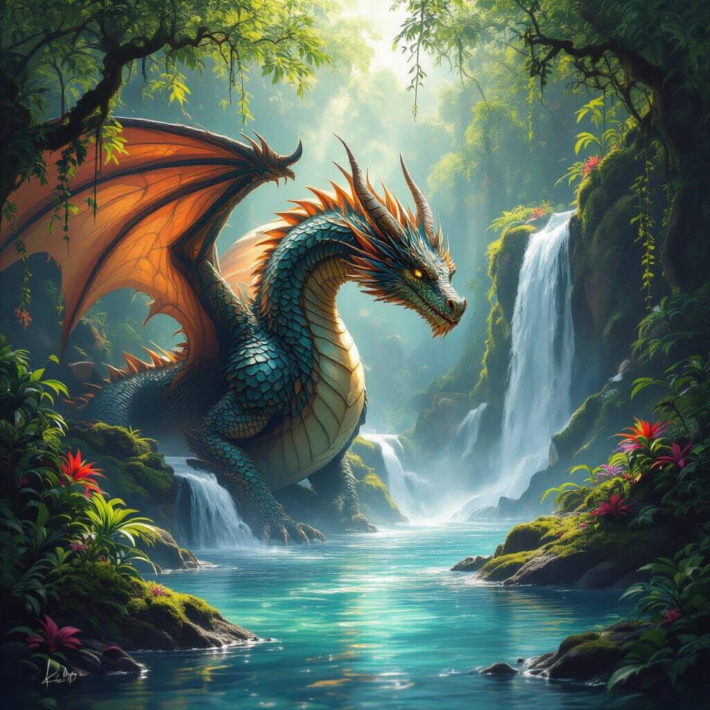 Majestic Dragon Emerges From Jungle Waterfall