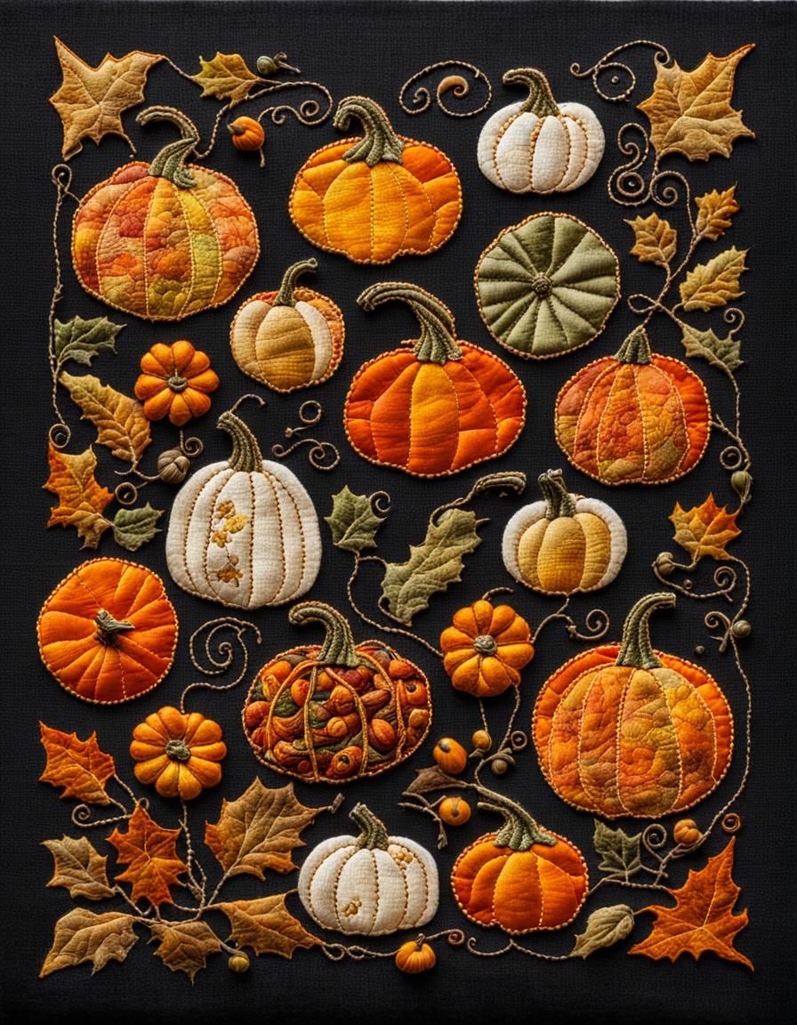 Mystical Fabric Collage of Pumpkins and Squashes