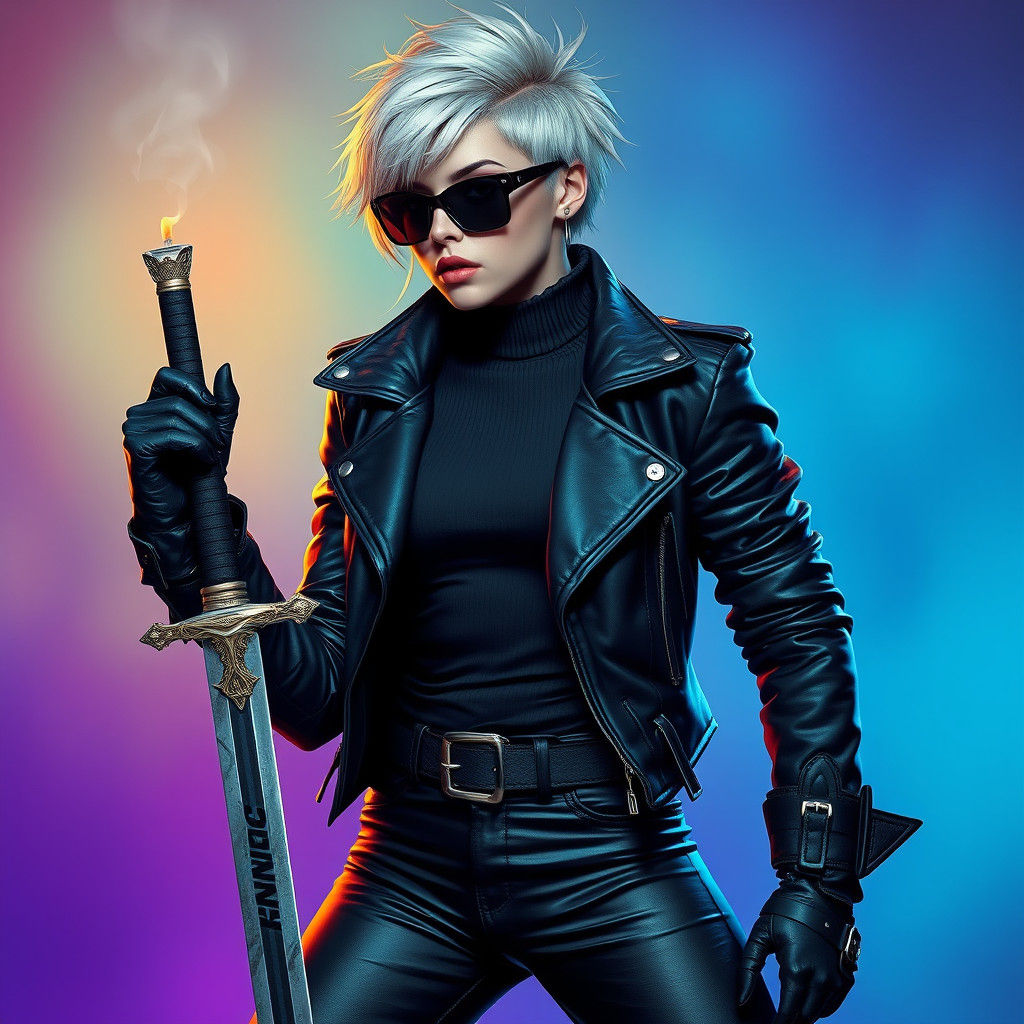Androgynous Woman with Sword in Futuristic Style