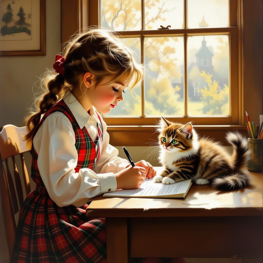 Girl Does Homework While Kitten Plays with Pen, Rockwell Sty...