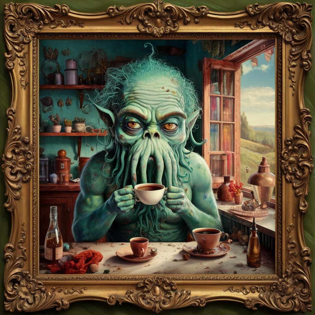 Cthulhu's Coffee Break: Surreal Oil Painting