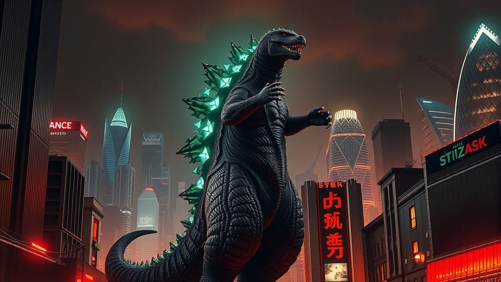 Gritty Cityscape Godzilla in Cyberpunk Style