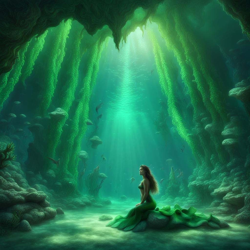 Luminous Green Underwater Cave with Mermaid