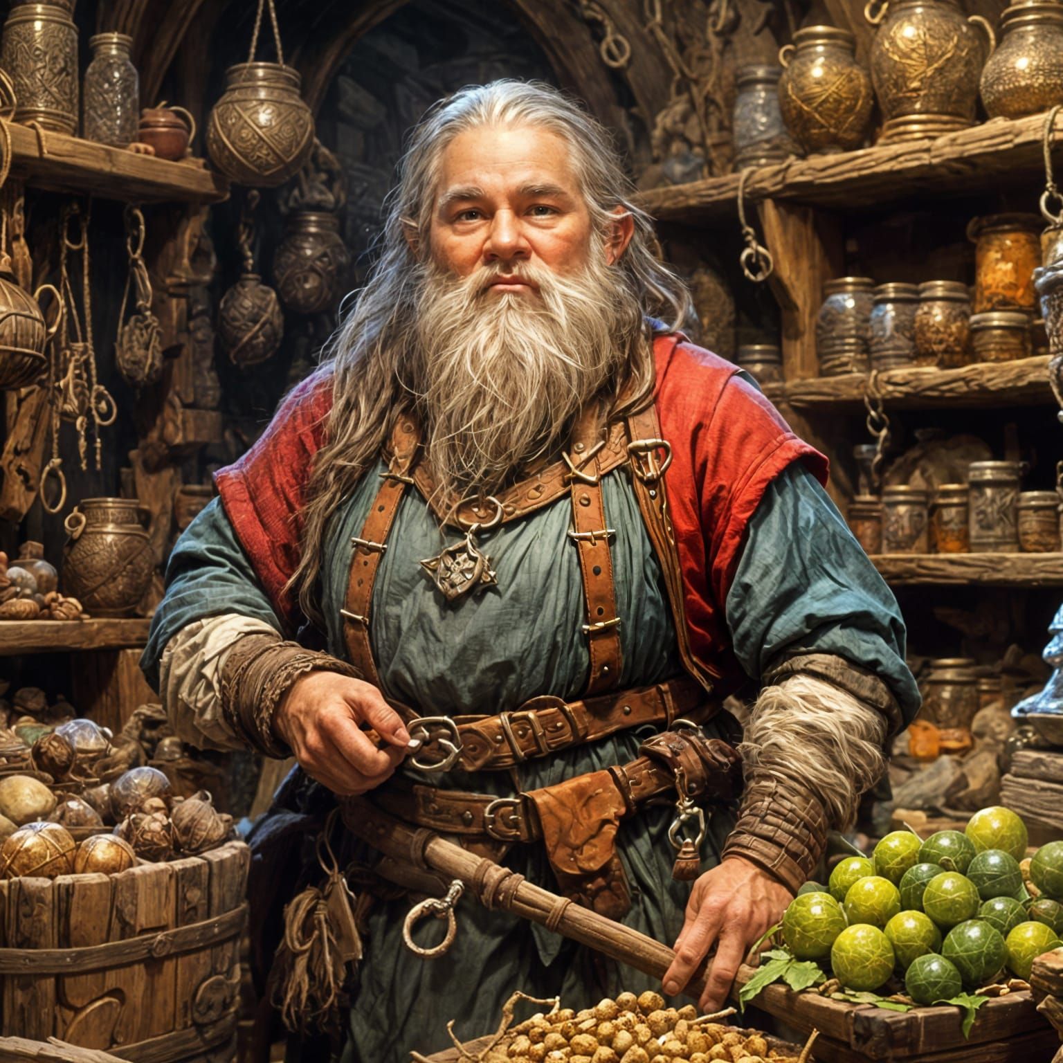 Hyperrealistic Female Dwarf Shopkeeper Portrait