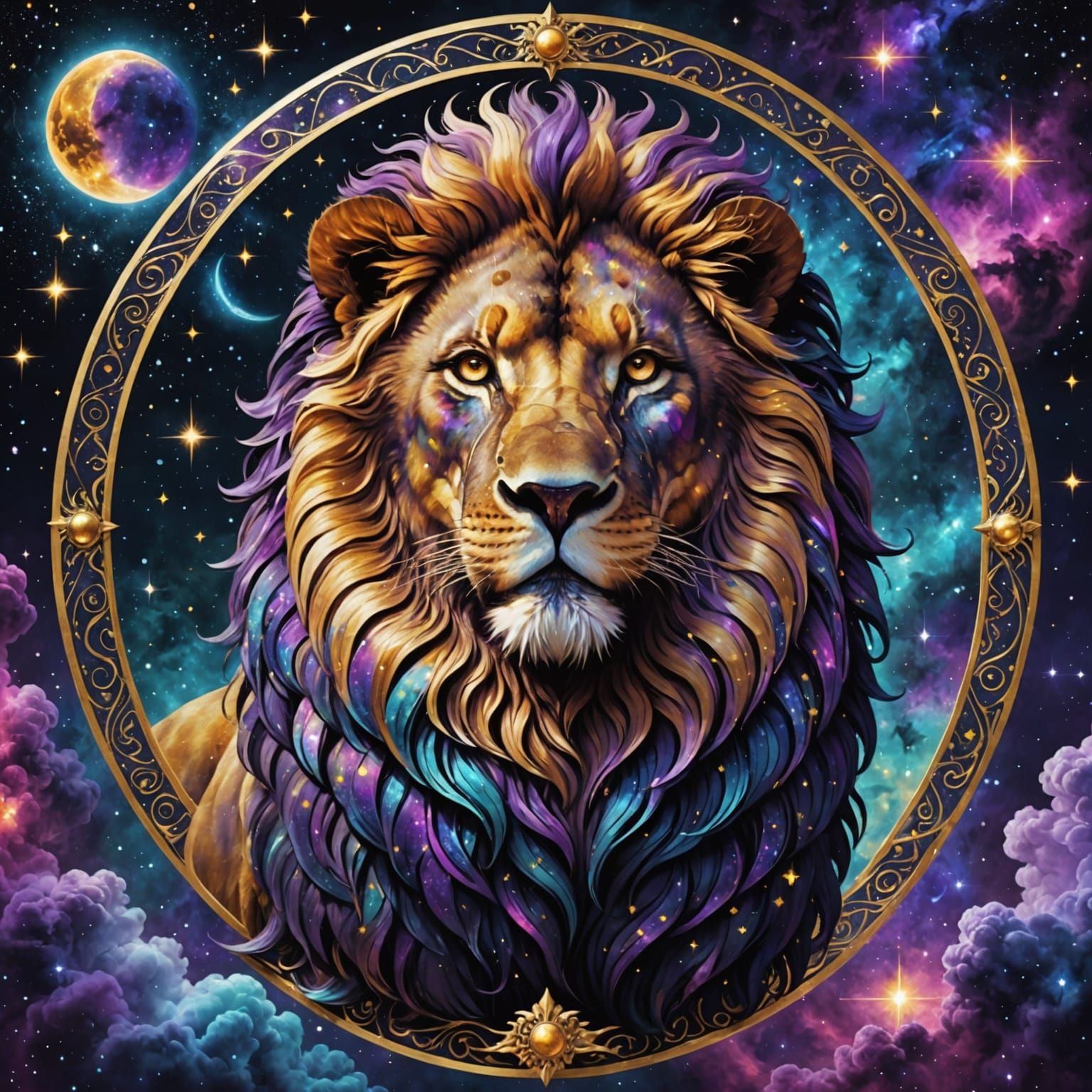 Majestic Lion in Celestial Art Nouveau Dreamscape