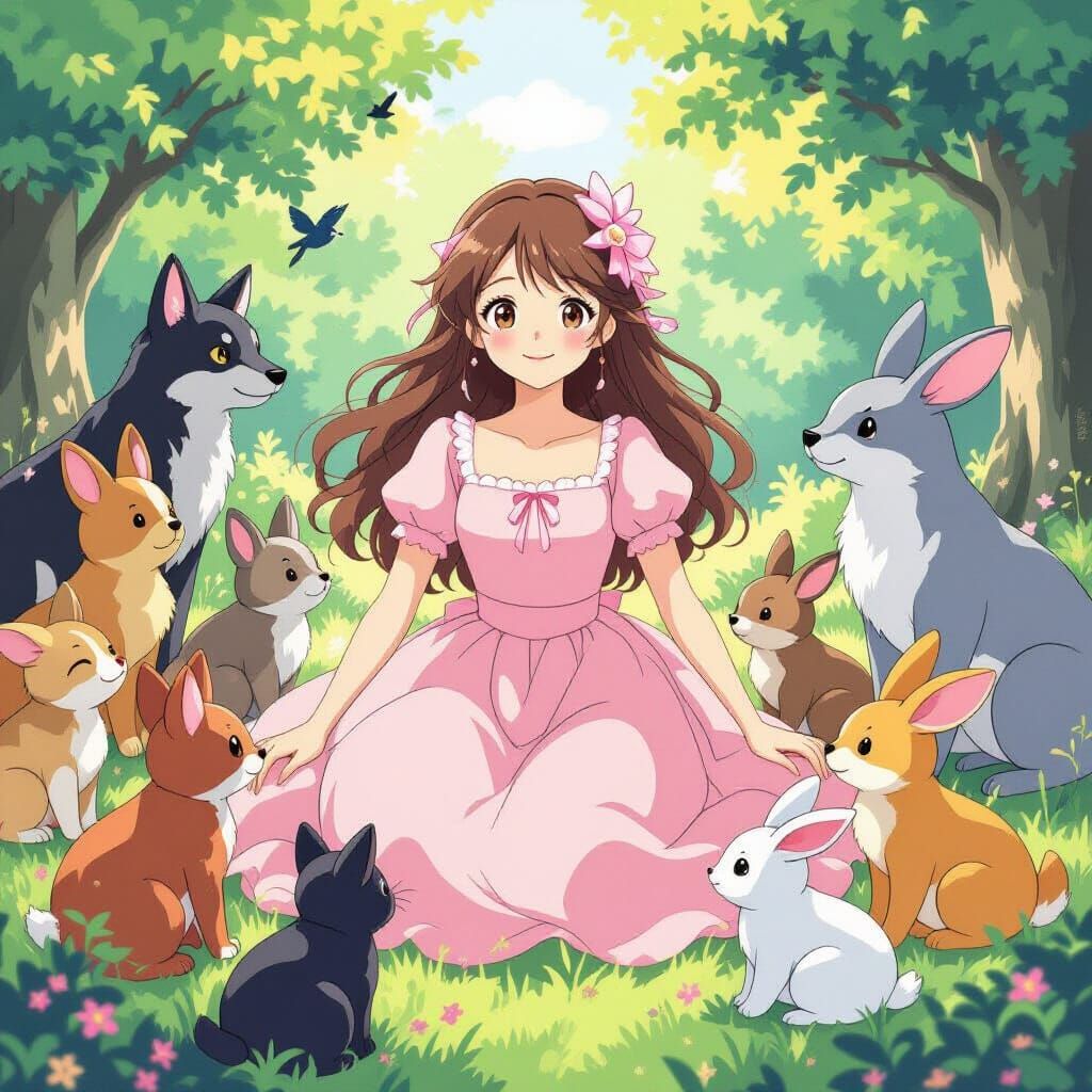 Anime Girl Surrounded by Animals in Whimsical Style