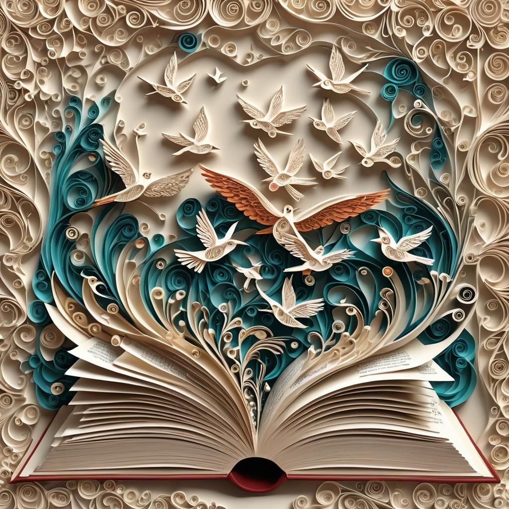 Open Book with Birds in Quilling Style