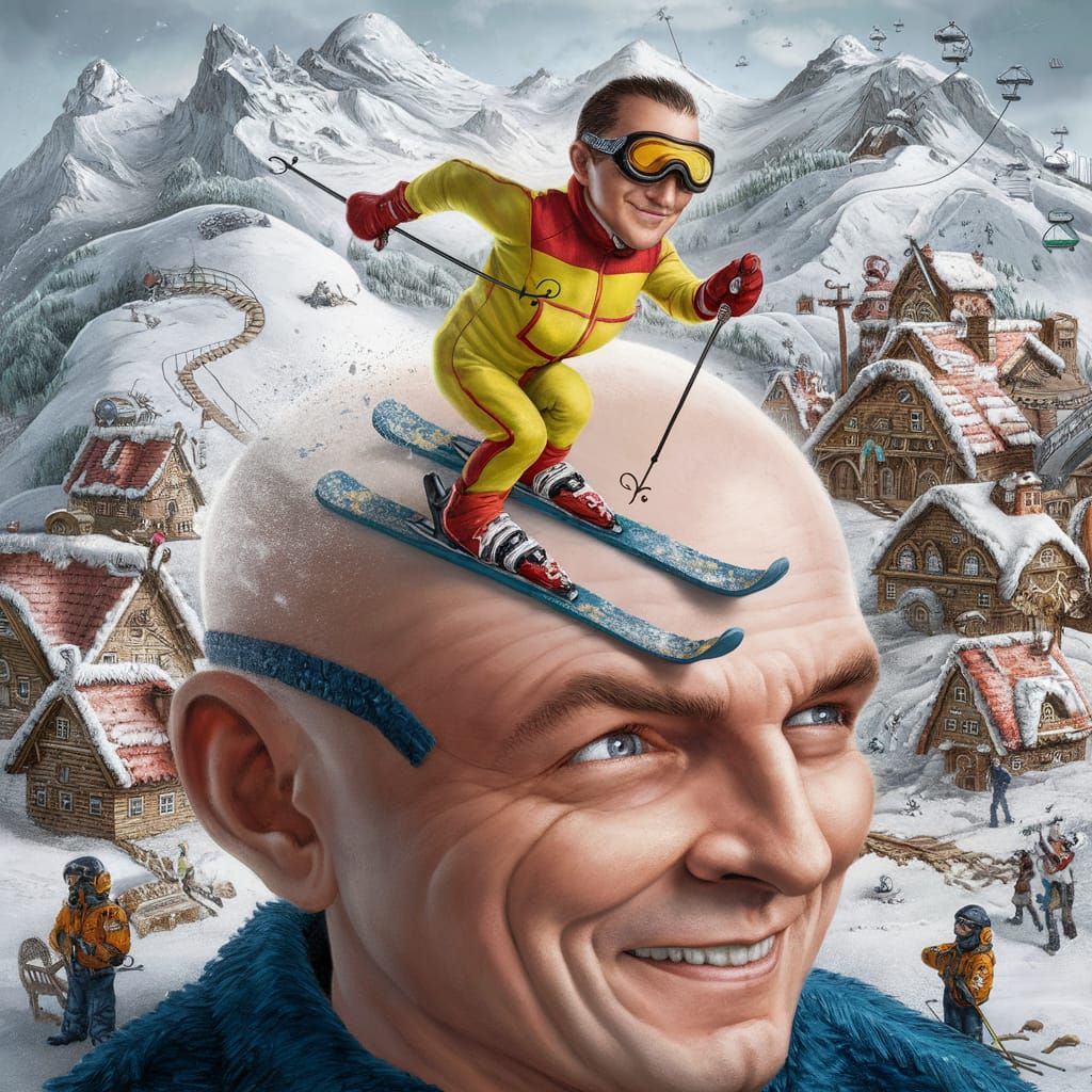 A tiny man on skis on the forehead of a bald man