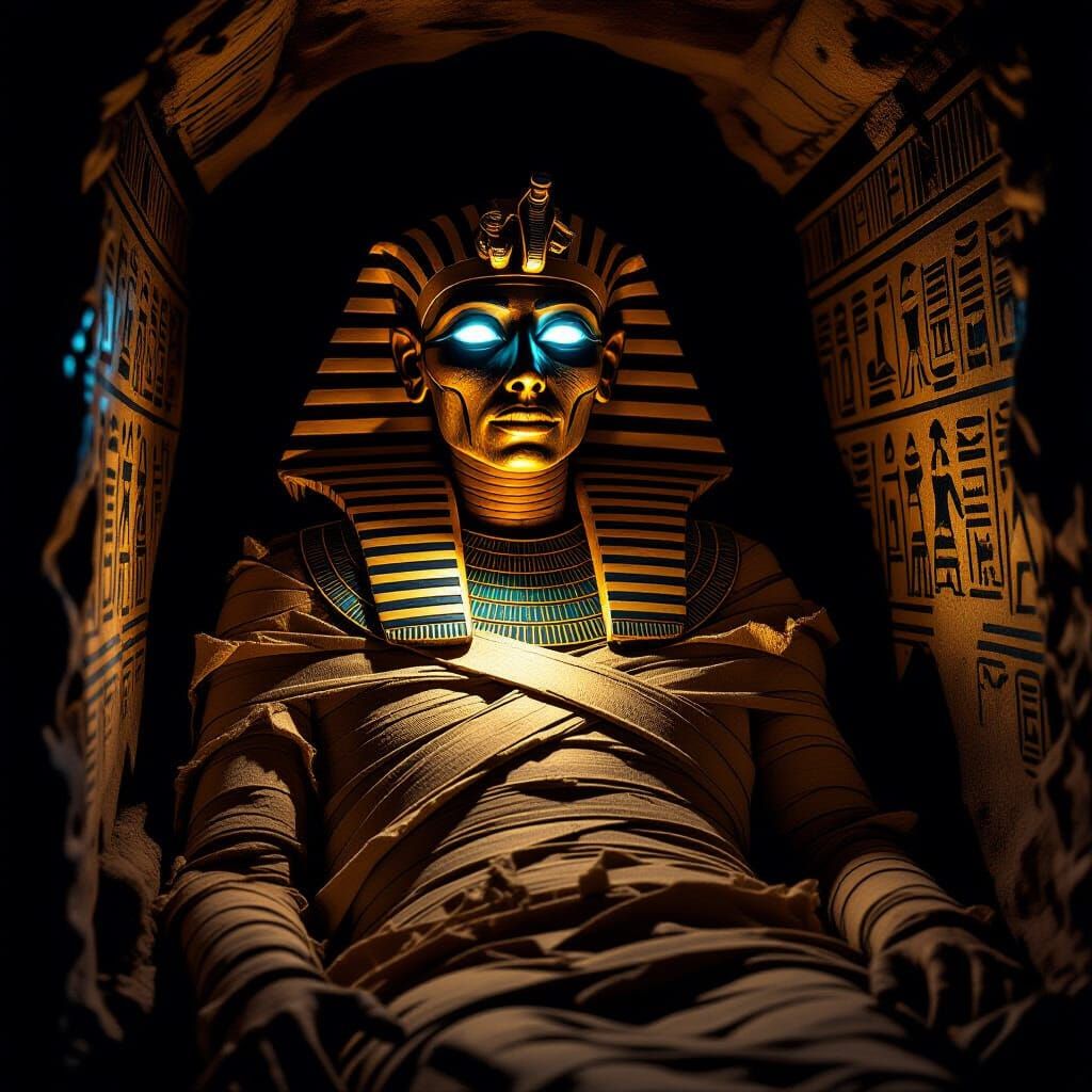 Ancient Mummy's Eerie Glow in Baroque Horror Sarcophagus