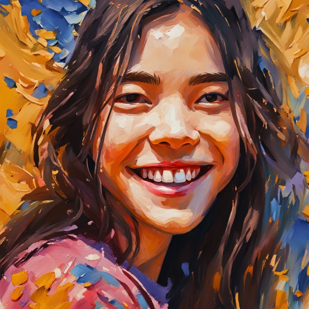 Girl Smiling in Vibrant Impasto Gouache Style