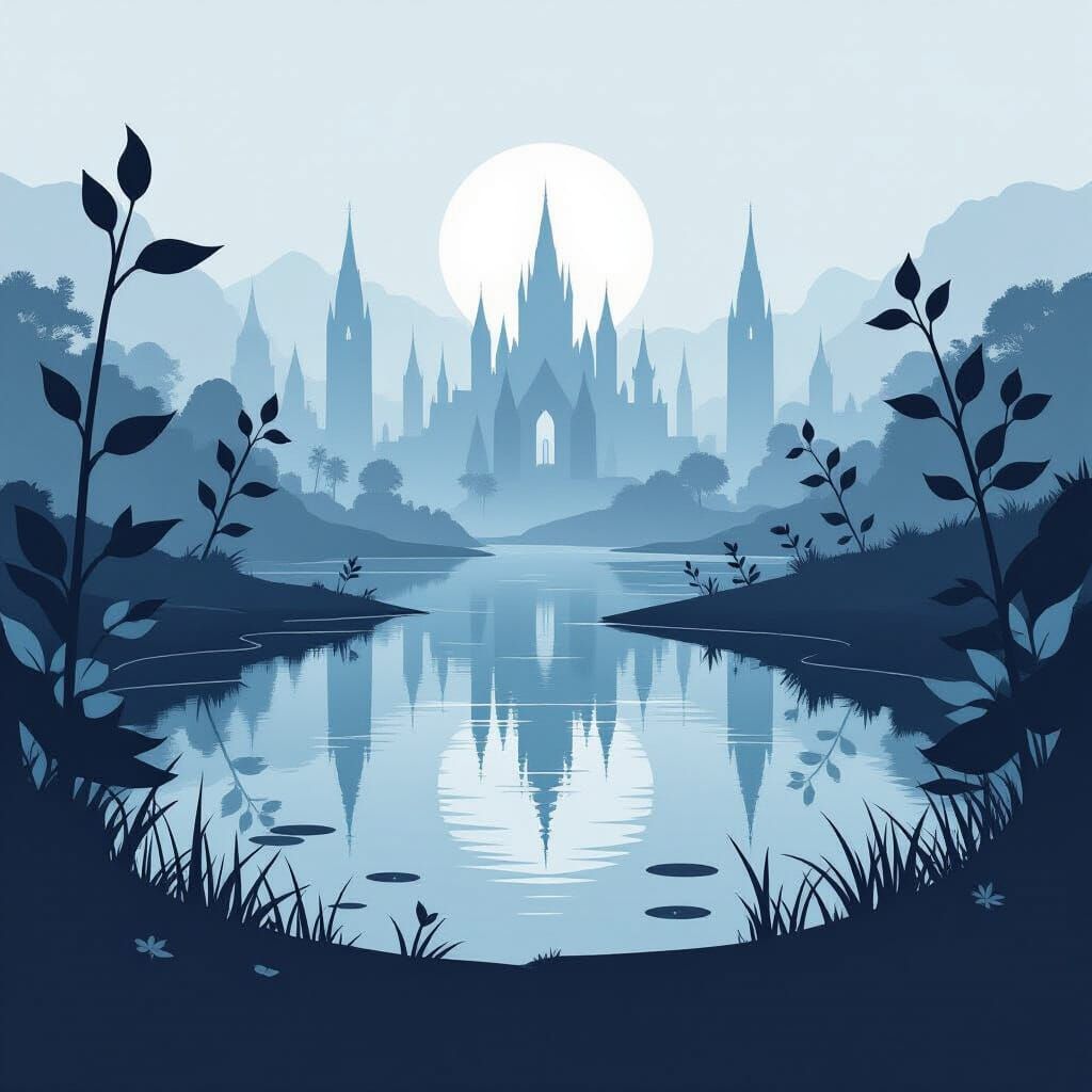 Tranquil Pond with Alien Plants and Gothic Spires