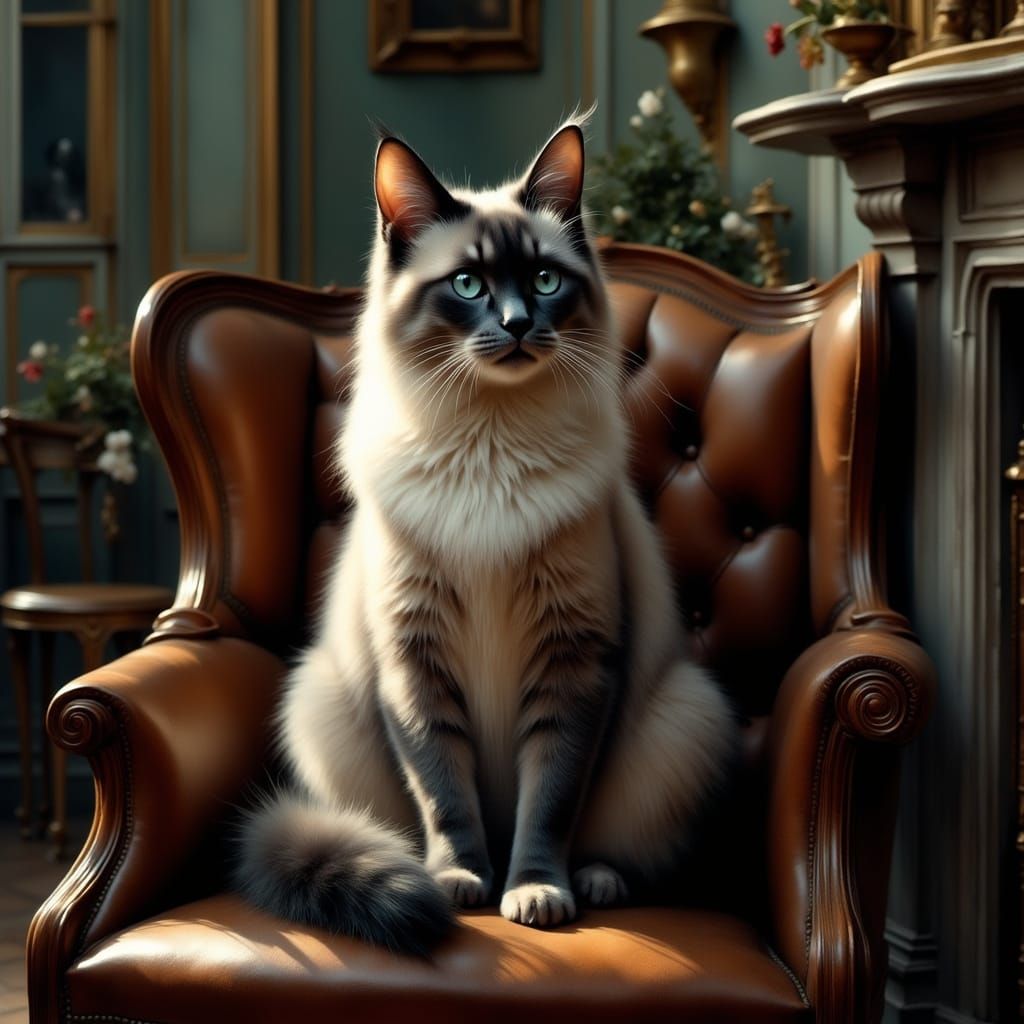 Majestic Siamese Cat by Fireplace in Warm Glow