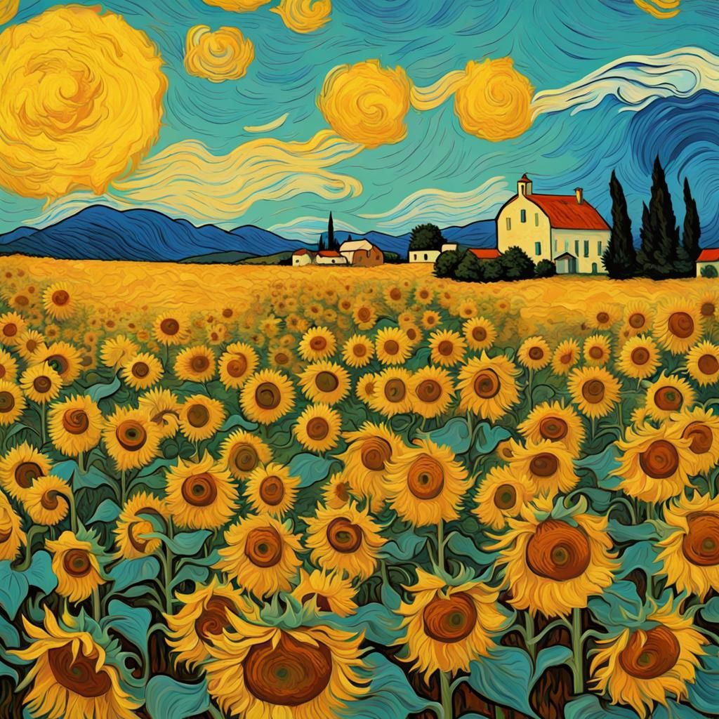 Van Gogh Sunflowers Field in Pop Art Style