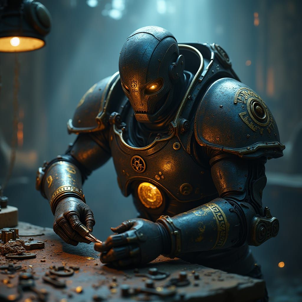 Hyperrealistic Warforged Artificer Mends Broken Trinkets in ...