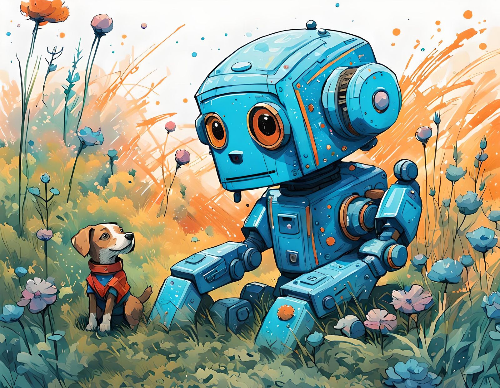 Robot and Space Dog in Cyberpunk Illustration