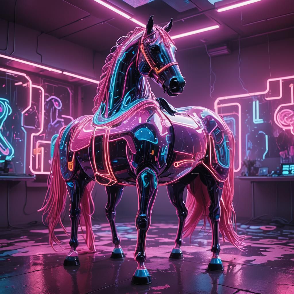 Neon Futurism: Nylon Horse in a Vibrant Room