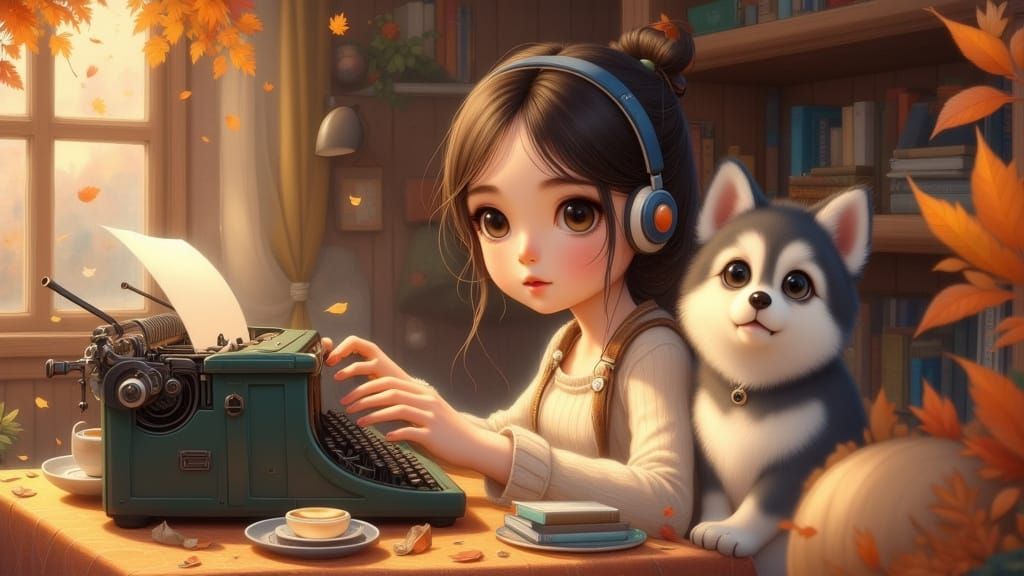 Cozy Autumn Scene with Woman, Puppy, and Typewriter