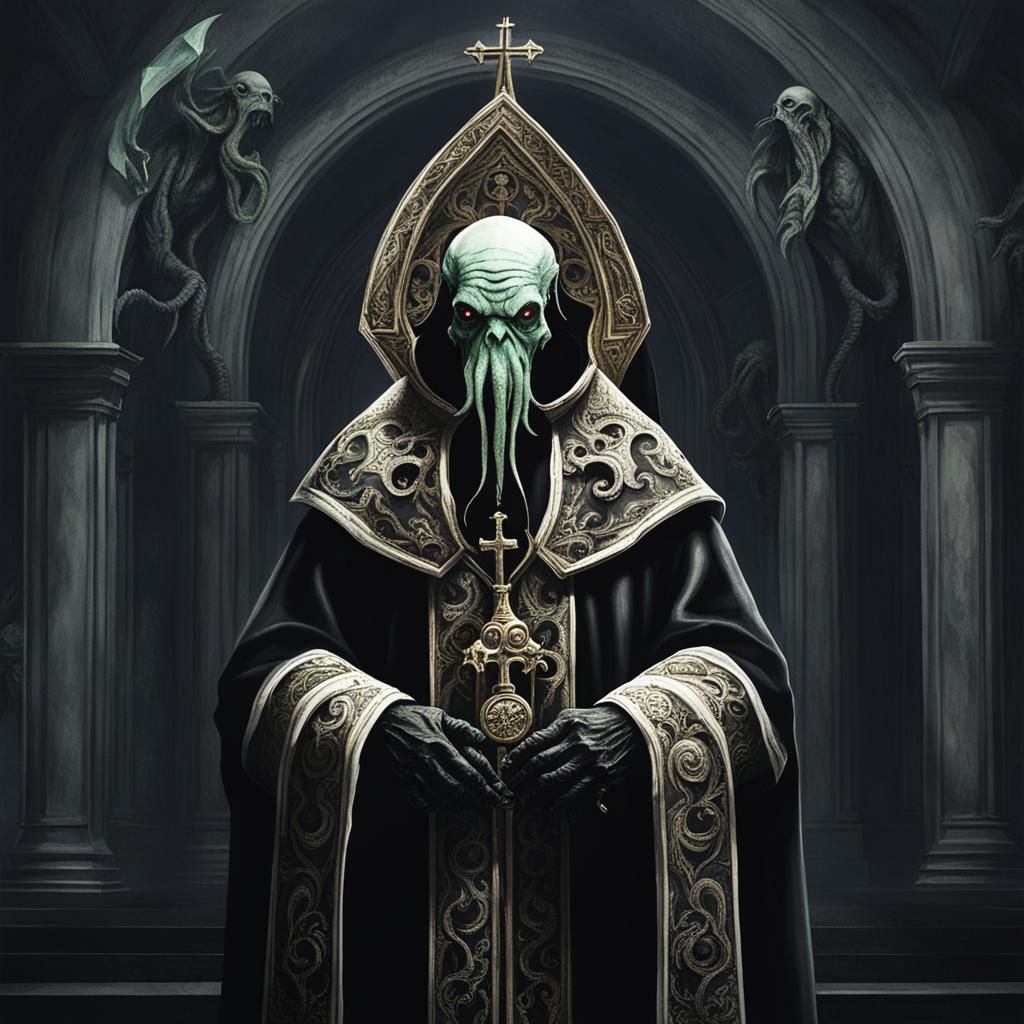 Realistic Cthulhu Pope in Dark Church