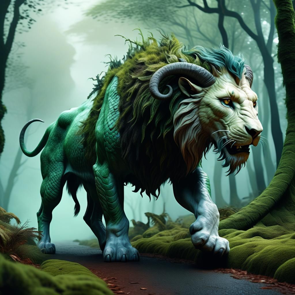 Hyperrealistic Chimera Embodies Fantasy in Misty Forest