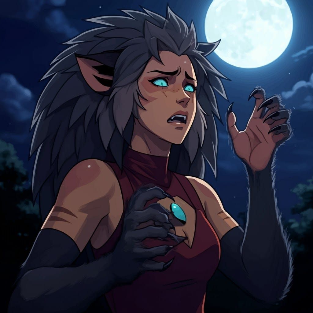 Catra from SheRa transforming into a werewolf under the full...