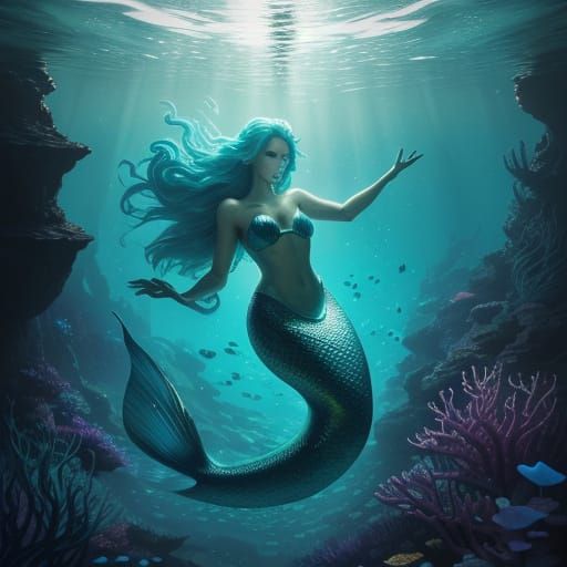 Dreamlike Mermaid in Enchanted Underwater Realm