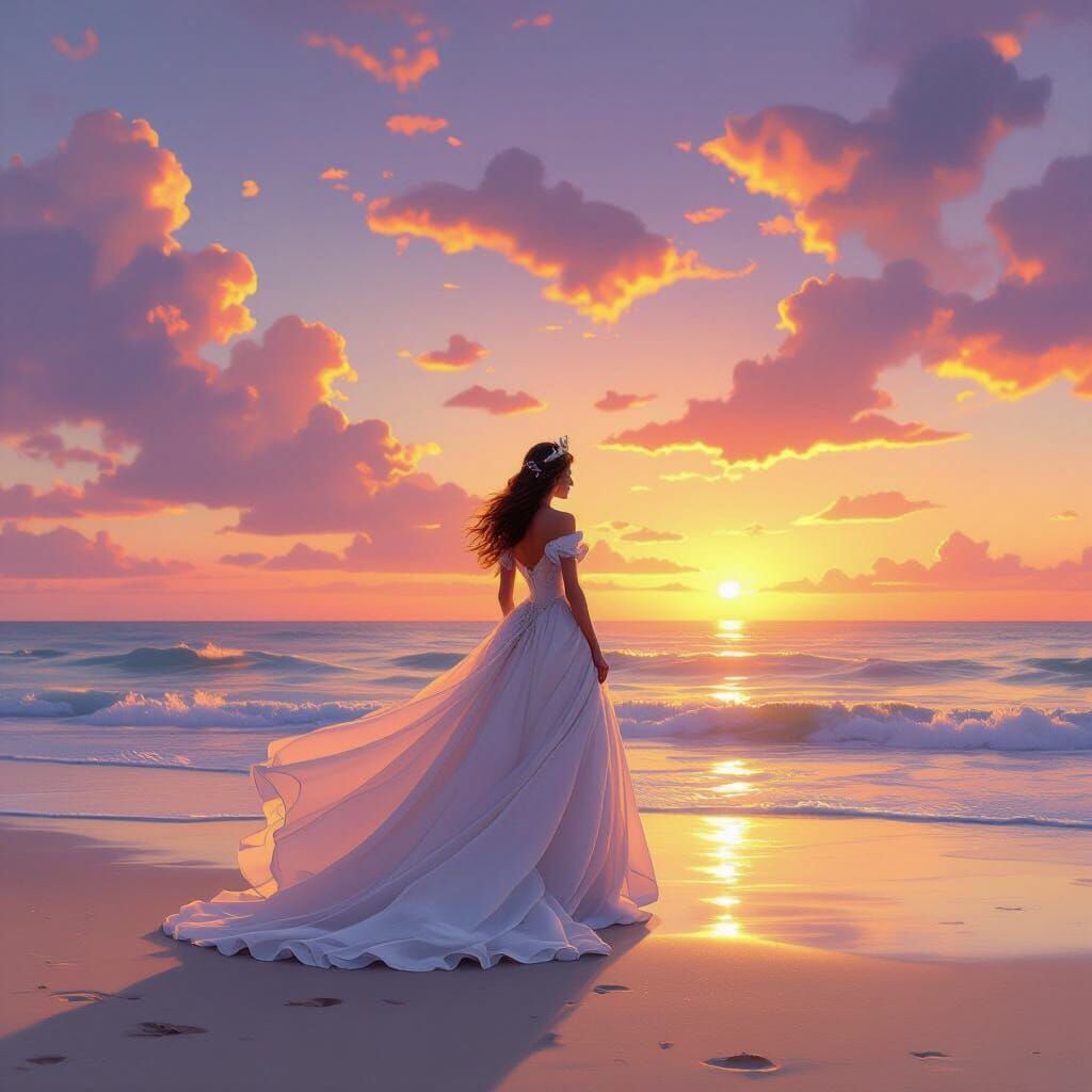 Princess on Beach at Sunset, Golden Hour Glow