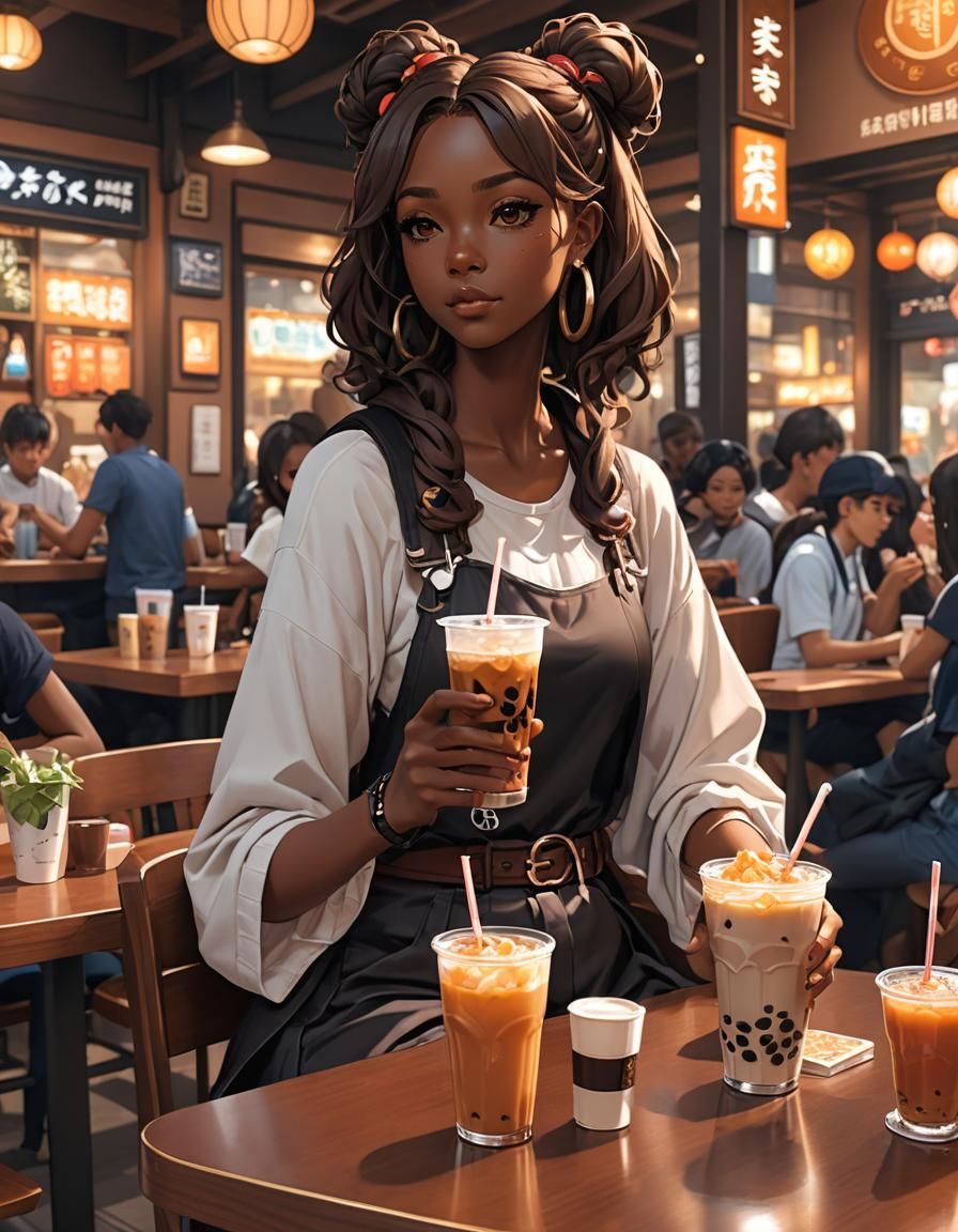 Cute Girl Drinking Bubble Tea in Anime Style