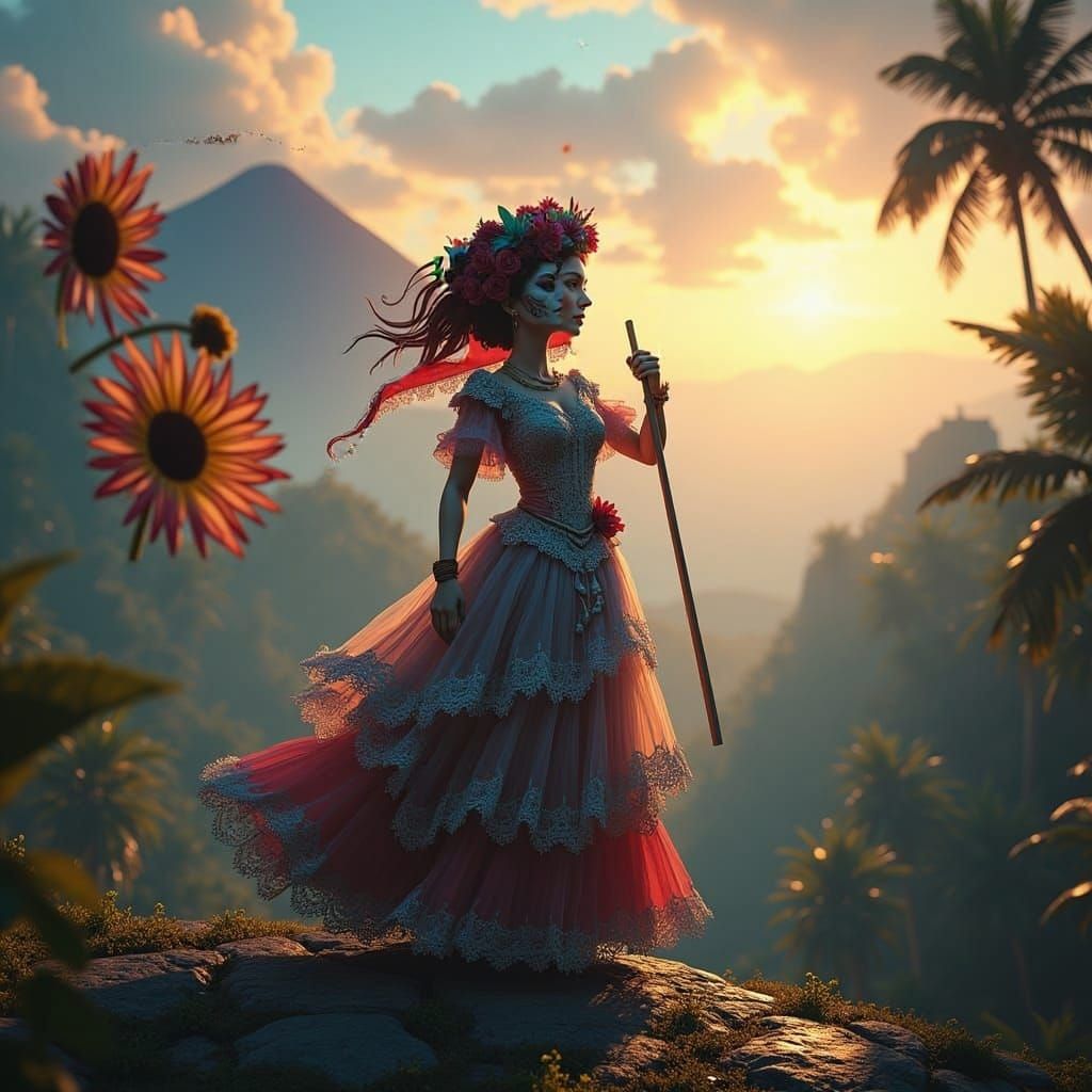 Catrina with El Salvador Flag: Detailed Digital Art