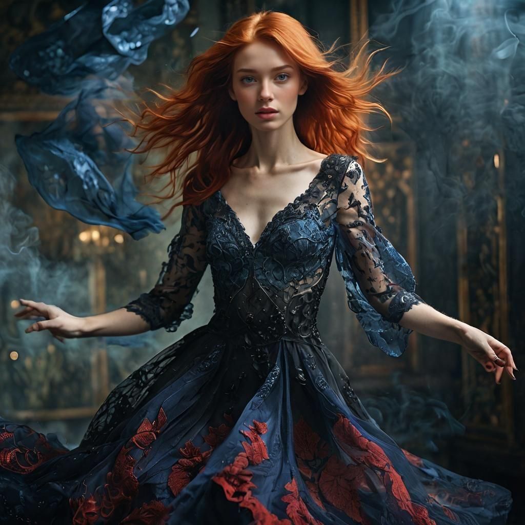 Redhead Dancer in Sapphire Dress, Dreamy Surreal Portrait