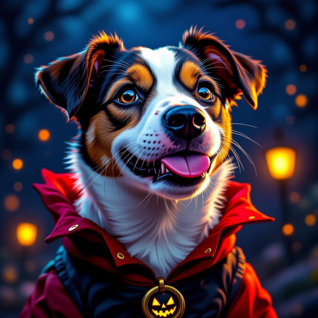 Jack Russell Terrier in Halloween Costume Licking Lips