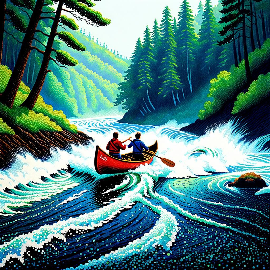 Pointillist Canoeists Brave Raging River