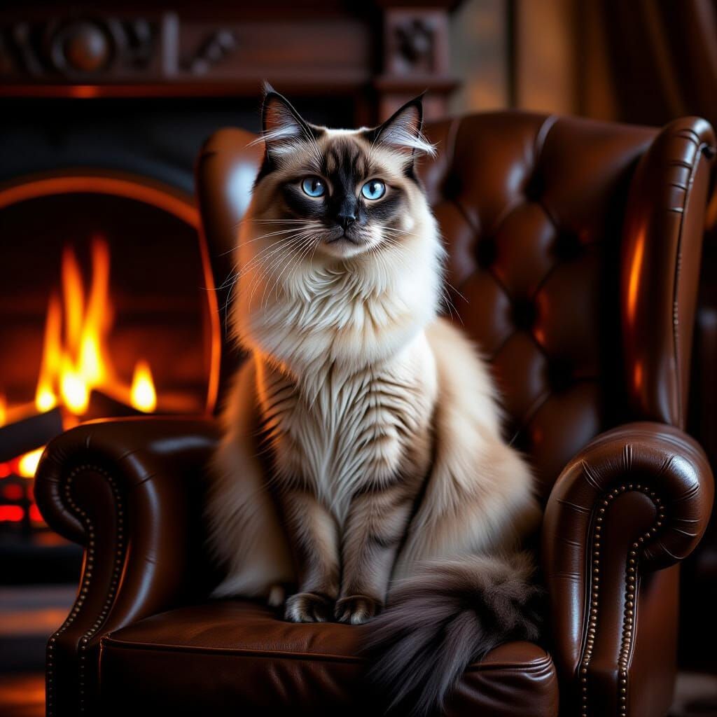Majestic Siamese Cat on Leather Chair by Fireplace
