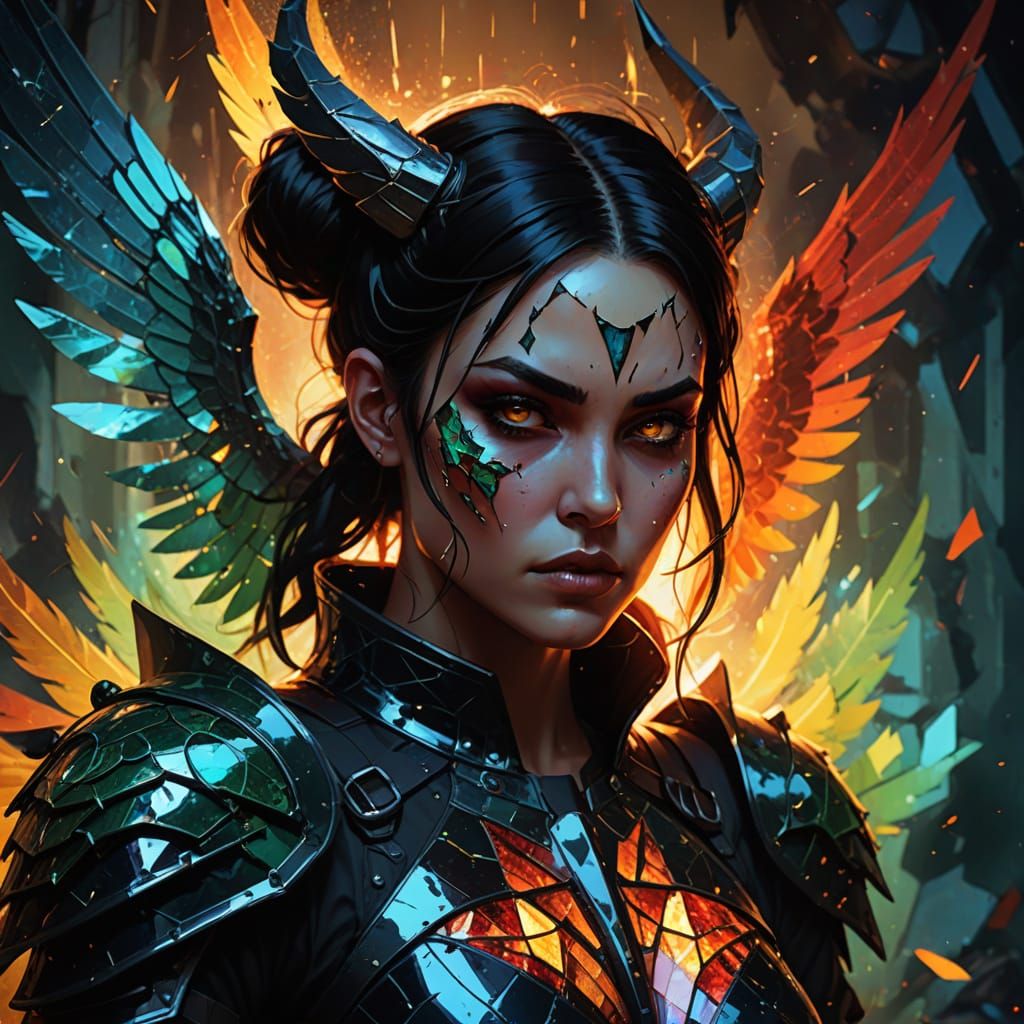 Majestic Demon Hunter in Vibrant, Fractured Space