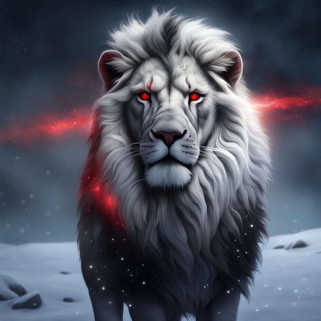 Proud White Lion with Red Eyes Under Starry Sky
