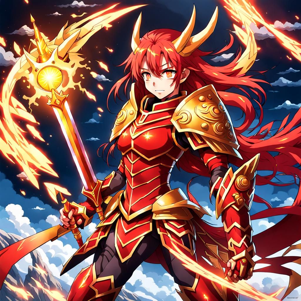 Anime Style Red-Haired Warrior with Dragon Armor
