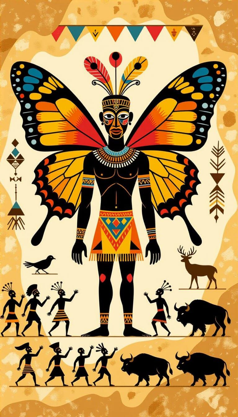 Prehistoric Cave Art of Butterfly-Winged Figure