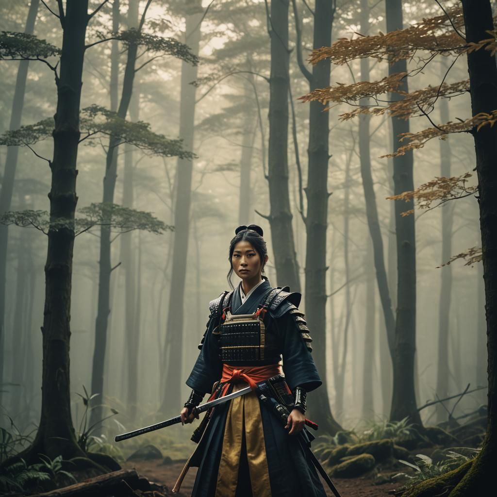 Japanese Woman Samurai in Misty Forest: Cinematic Film Still