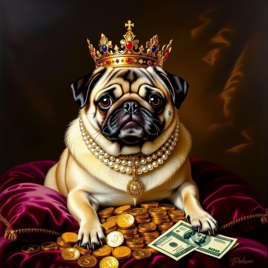 Baroque Pug King on Velvet Cushion