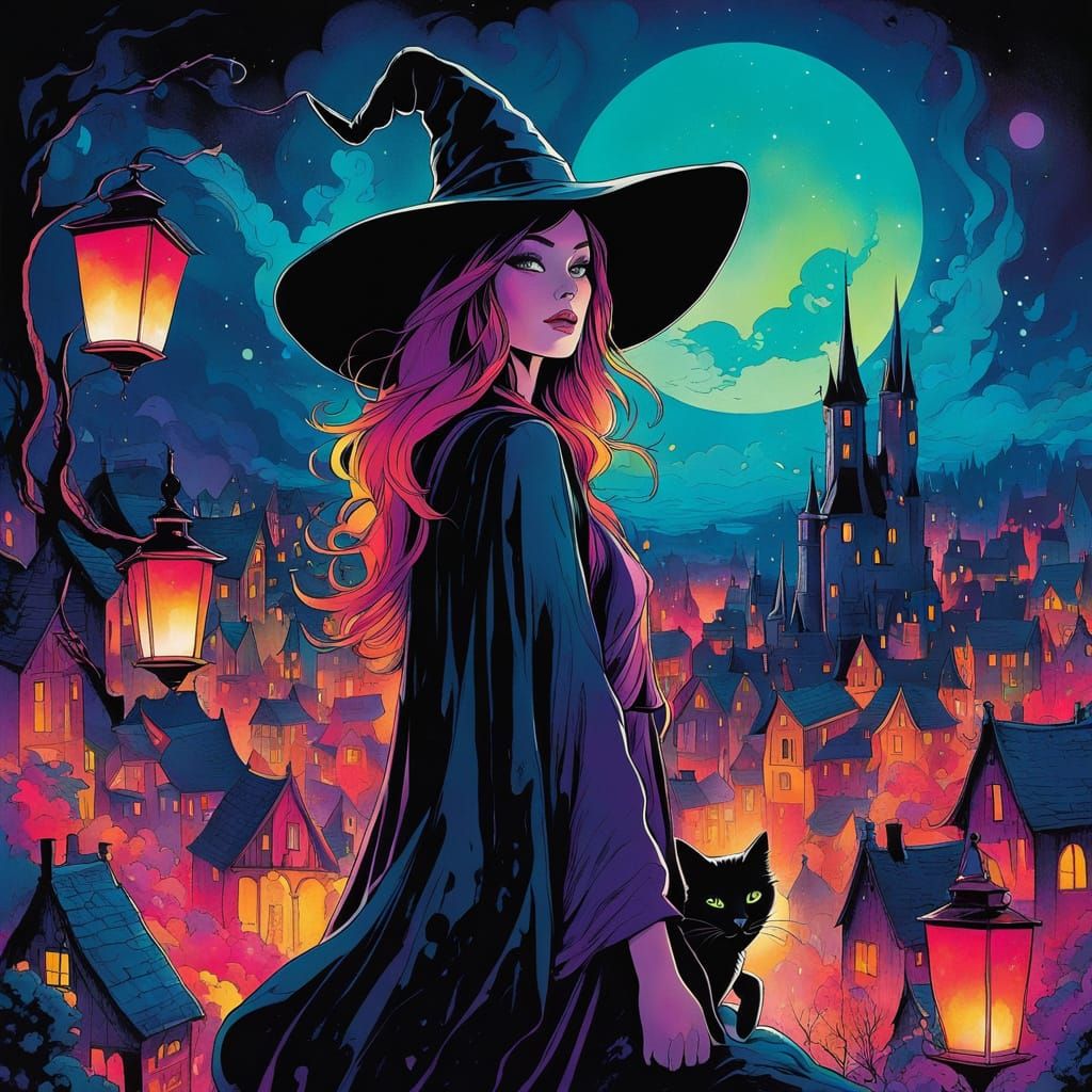 Dreamy Cityscape with Witch and Cat in Vibrant Cel-Shaded St...