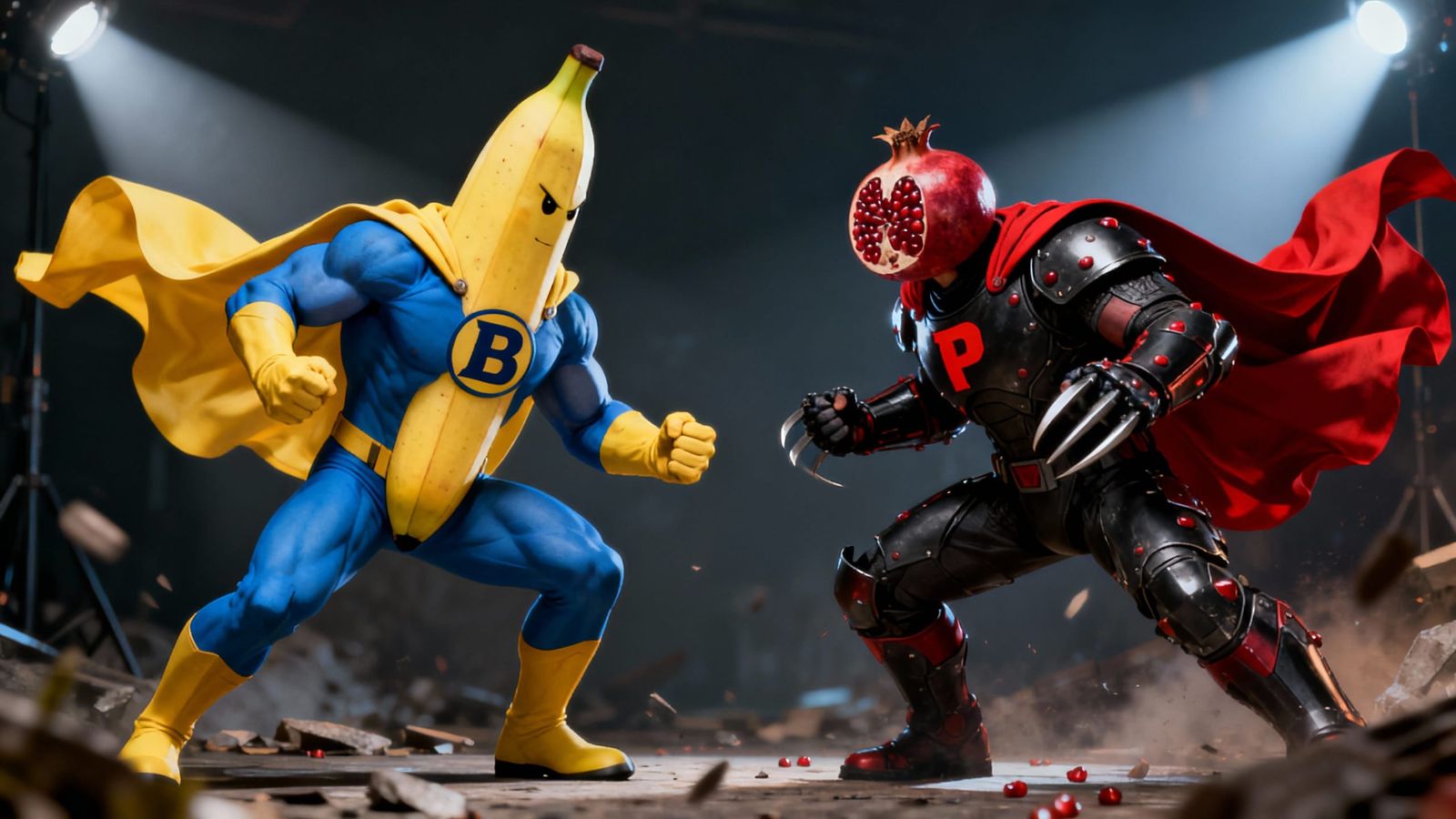 Superhero Banana vs Pomagranate Man in 3D