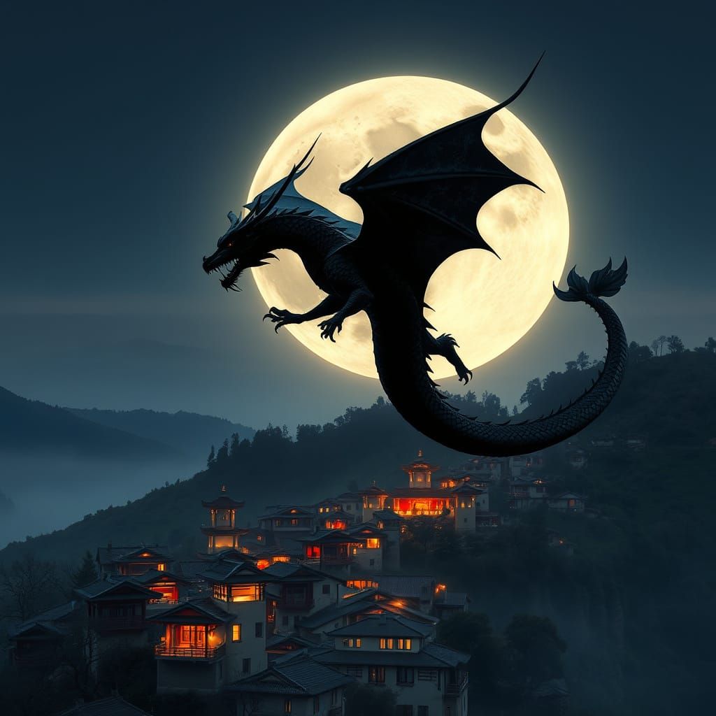 Dragon Silhouette over Chinese Village: Hyperrealistic HDR I...