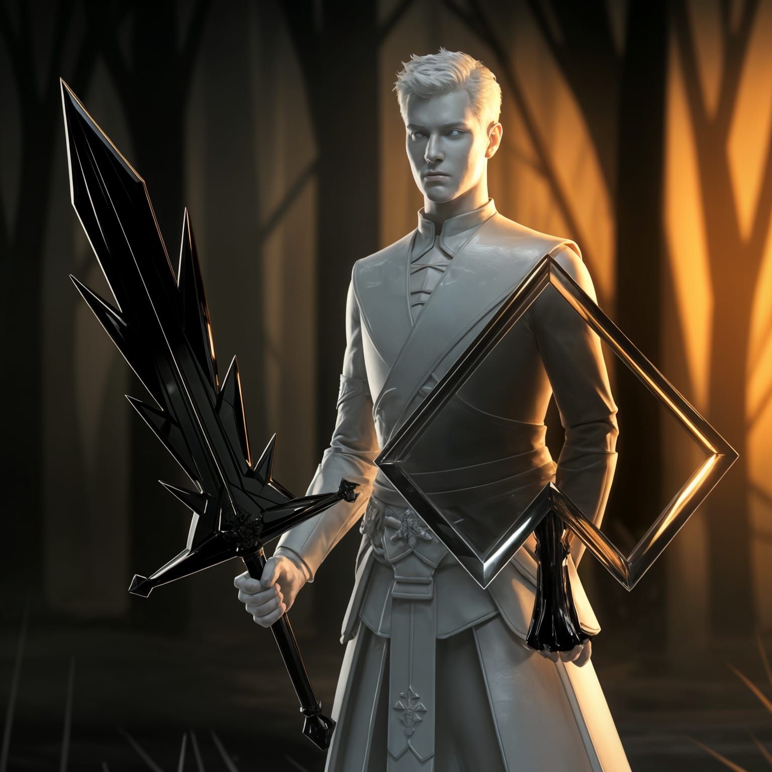 Surreal Glass Warrior in Shadowy Forest