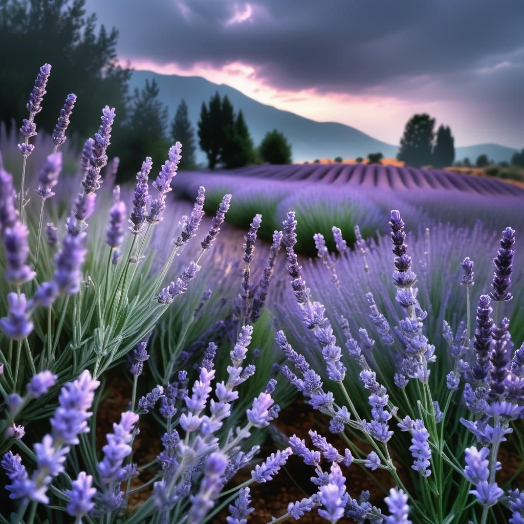 Hyperrealistic Lavender Field in Atmospheric Haze