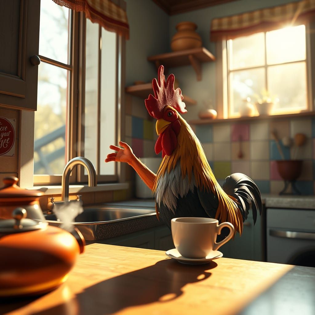 Vibrant Rooster in Whimsical Kitchen Scene with Warm Sunligh...