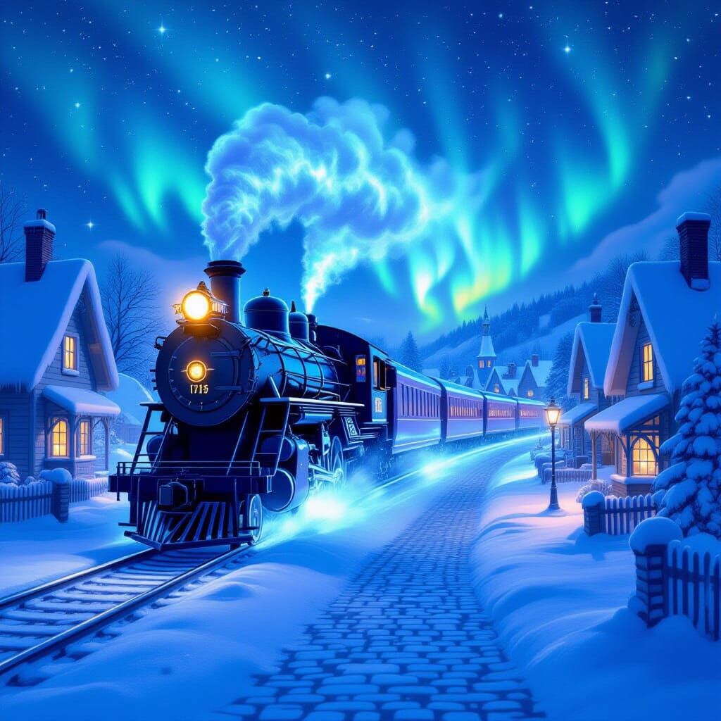 Astral Magic Train Speeds Through Snowy Village Under Aurora