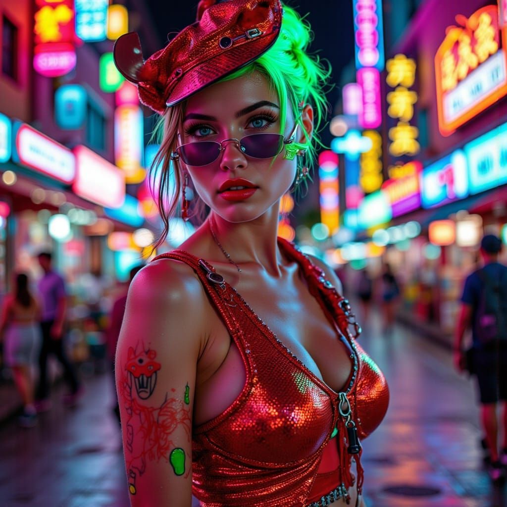 Cyberpunk Traffic Officer in Neon Cityscape