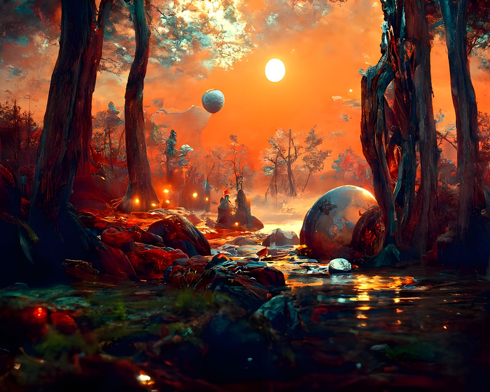 Alien Moonrise: Sci-Fi Fantasy Landscape in Kinetic Pointill...