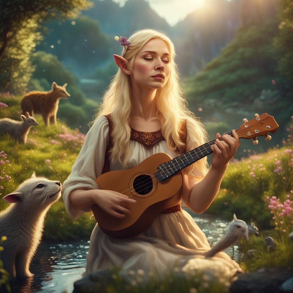 Elven Druid Plays Ukulele in Sunny Glen